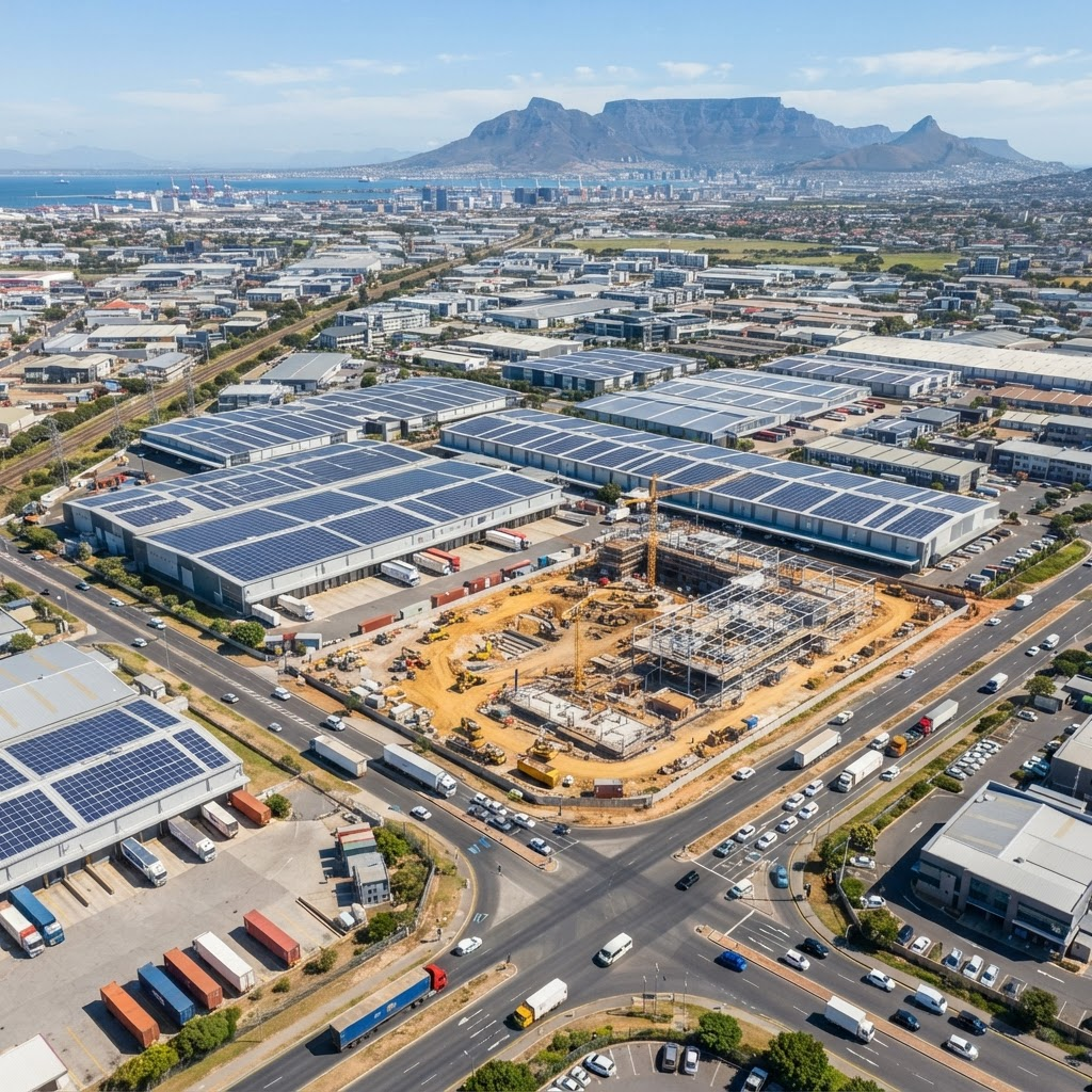 Aerial view of a South African commercial and industrial district