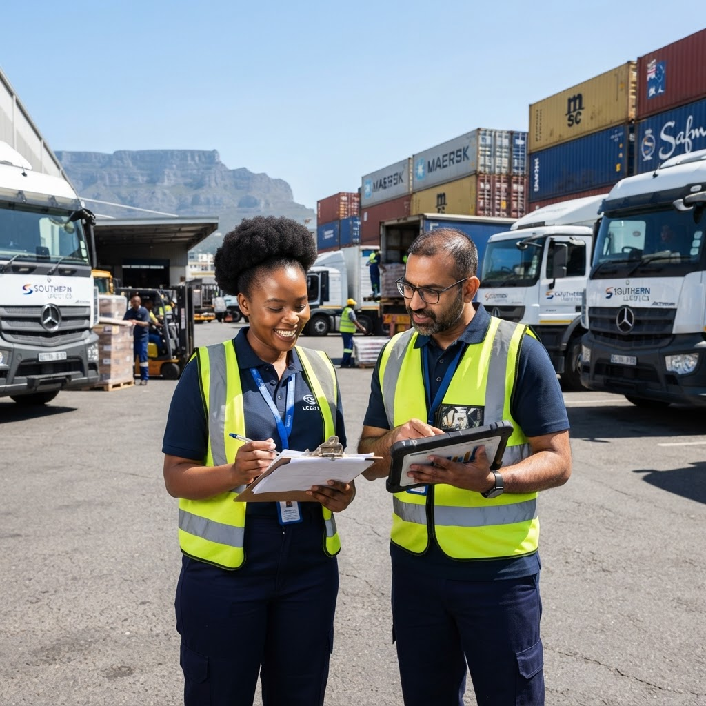 Logistics and distribution team with trucks and containers